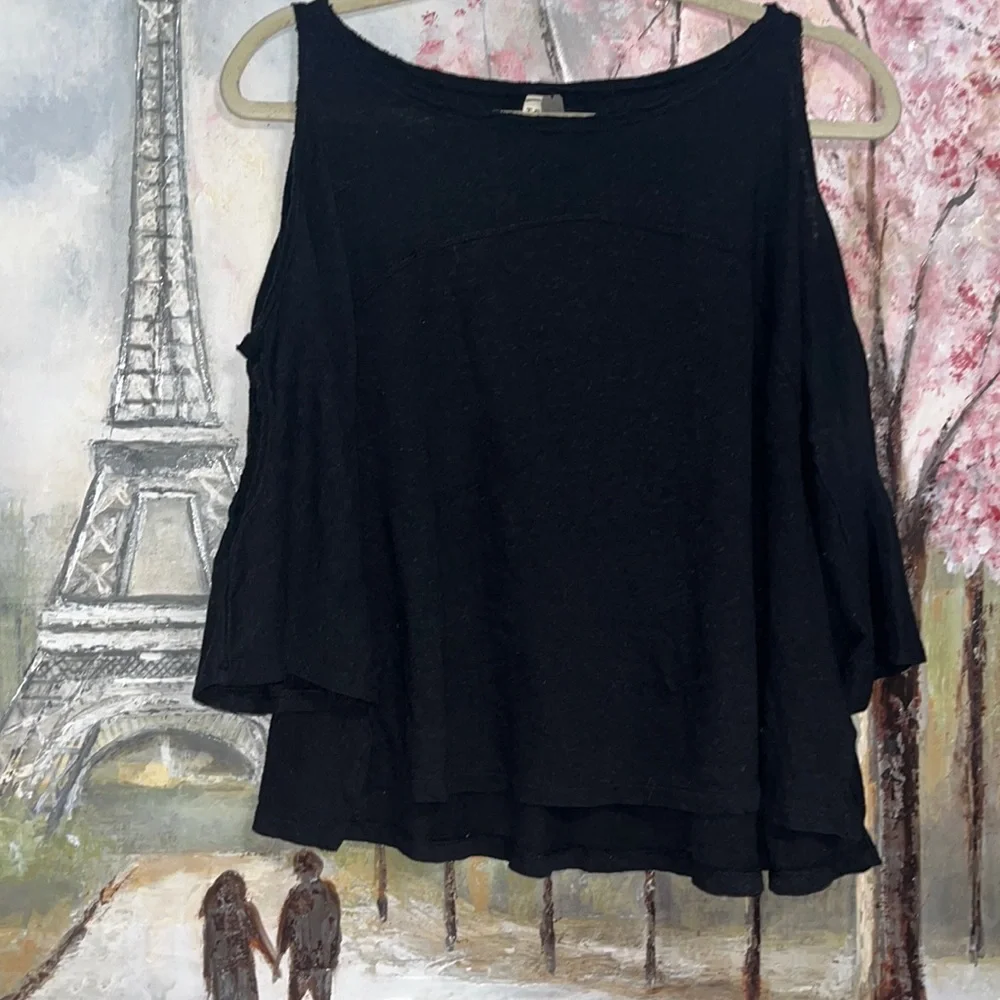Free People Cold Shoulder Double Slits 3/4 Sleeve Black Flowy Cotton Shirt XS